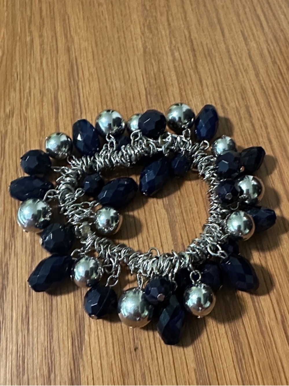 Navy and Silver Faceted Bead Bracelet - Stretchy